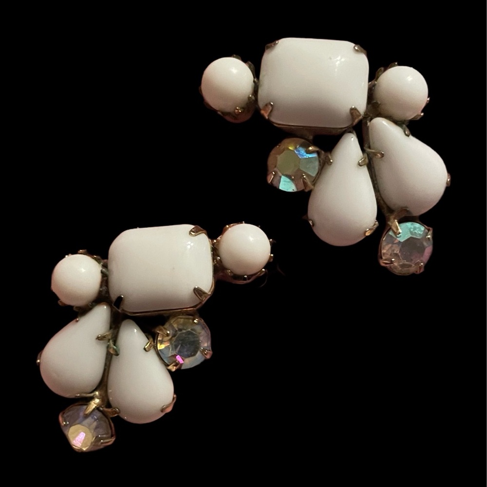 Vintage Kramer Milk Glass & AB Earrings (read description)